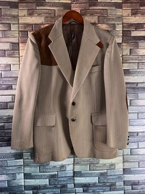 Vintage Men’s  McGregor 44R Two-Tone Brown Polyester Blazer Suede Shoulder Patch
